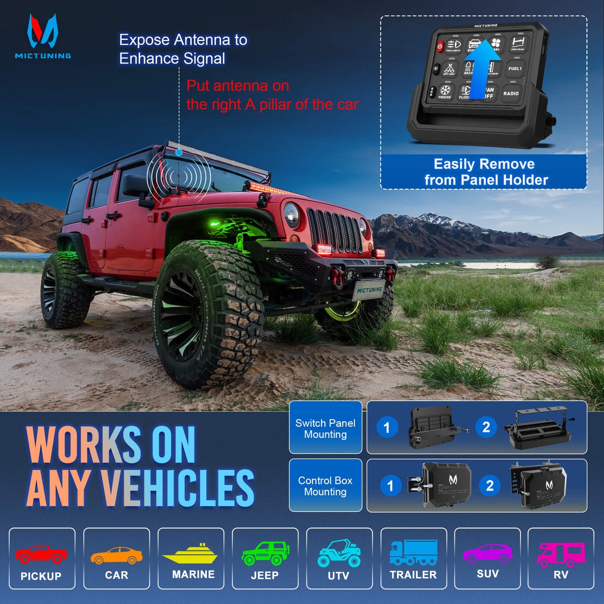 Wireless Cordless 12 Gang RGB Switch Panel P1s-AC, 5-Level Brightness, Multifunction Removable Panel