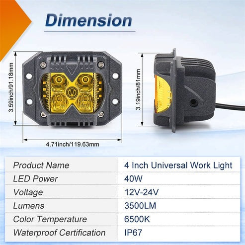 OVOVS Yellow Lens Flush Mount Led Work Light Pods with Solid/Strobe Side Shooter