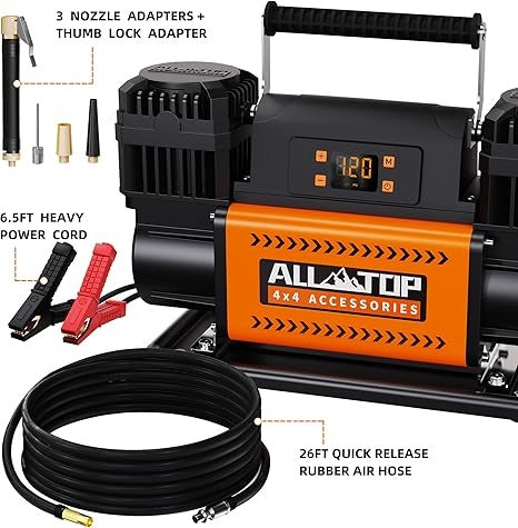 ALL-TOP Digital Compressor Double Motor with Preset/ Compresor de aire de 12 V con panel de control LCD a presión objetivo preestablecida, inflador de bomba de aire 150PSI 12.35CFM para Overland