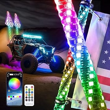 LED Whip Lights 3FT RGB Chasing/Dancing Light Remote Control APP-Supported, 600+ Color Mode Combinations, RGB Chasing Lighted Antenna Whips