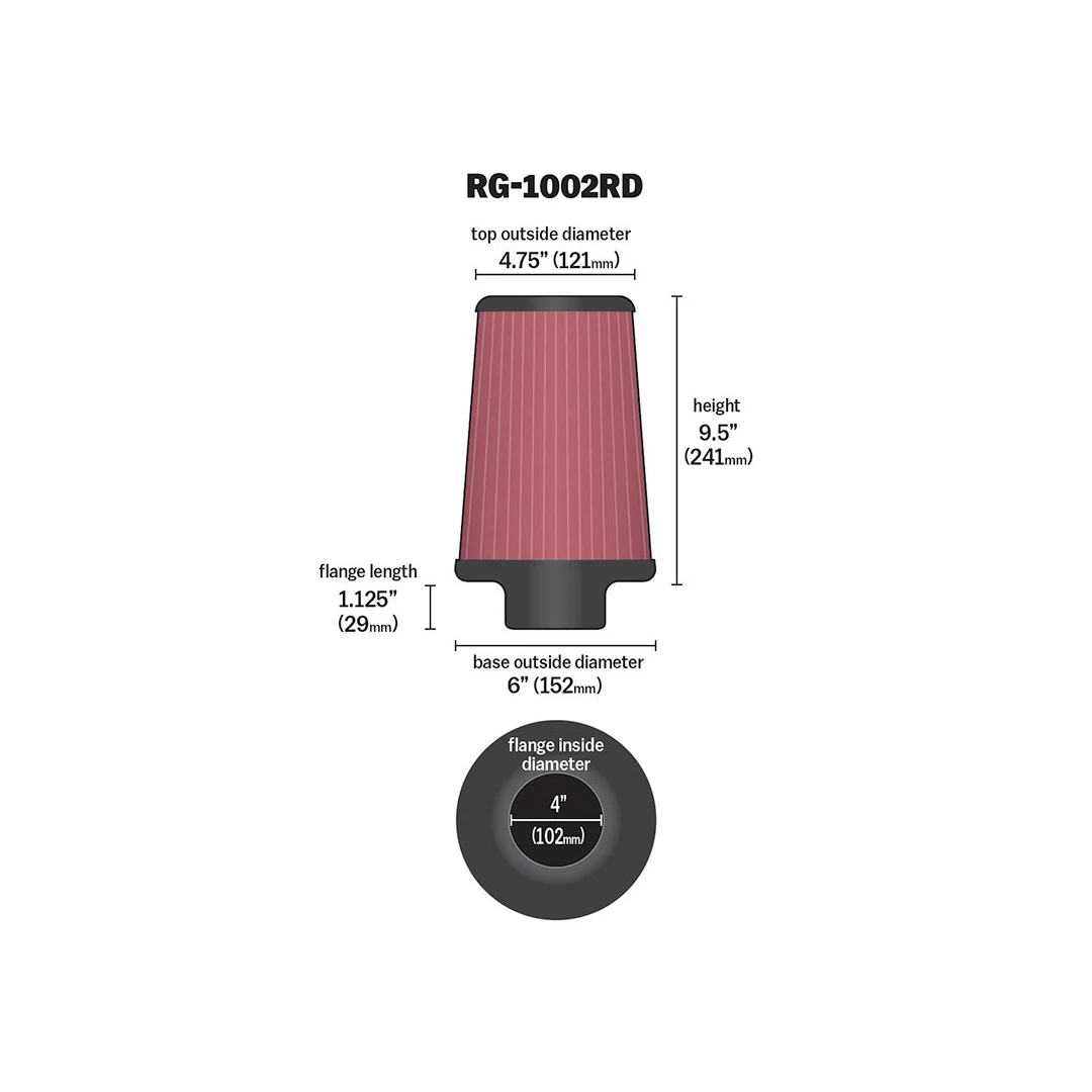 K&N RD-1002RD FILTRO DE AIRE TIPO HONGO UNIVERSAL 3.3.5,4 PULGADAS LARGO 9.5 PULGADAS