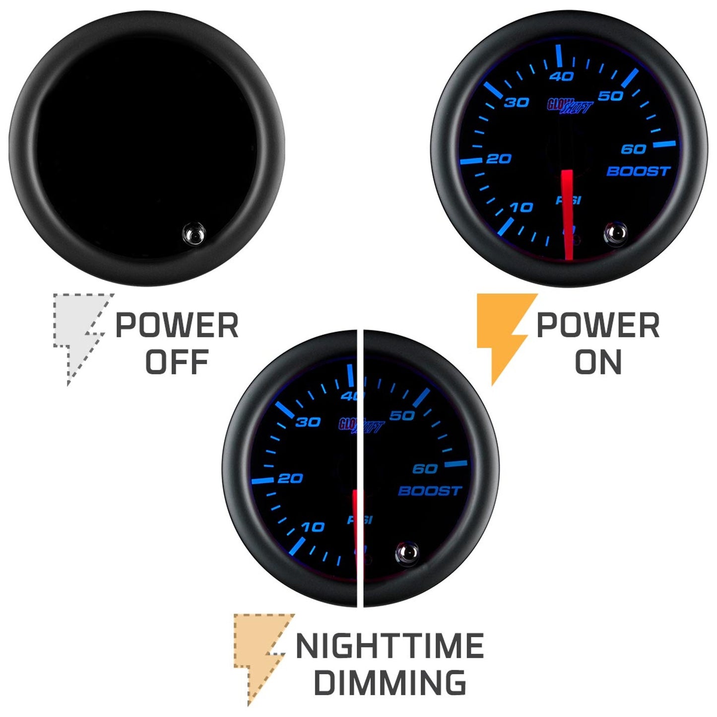 GLOWSHIFT TINTED 7 COLOR SERIES BOOST GAUGE/RELOJ DE BOOST 60psi
