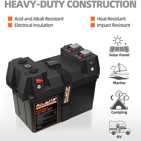 ALL-TOP Caja de batería inteligente, caja marina de 12 V con conectores de 50 amperios, múltiples puertos y disyuntor para motor de arrastre, RV y panel solar, batería no incluida