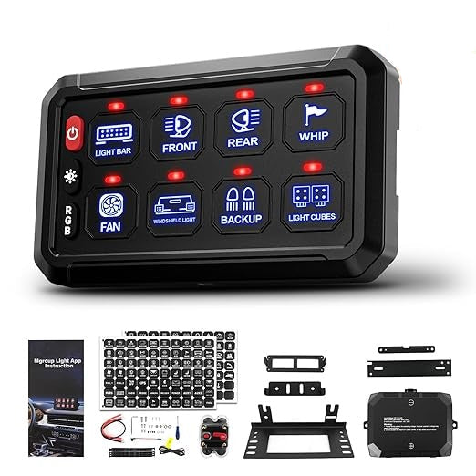 Panel de interruptor RGB de 8 canales, caja de control de relé universal impermeable con brillo ajustable, cápsula LED con cable Acc y conmutador táctil para automóviles de 12 V/24 V, camiones, SUV
