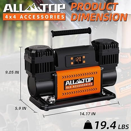 ALL-TOP Digital Compressor Double Motor with Preset/ Compresor de aire de 12 V con panel de control LCD a presión objetivo preestablecida, inflador de bomba de aire 150PSI 12.35CFM para Overland
