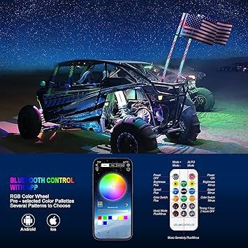 LED Whip Lights 3FT RGB Chasing/Dancing Light Remote Control APP-Supported, 600+ Color Mode Combinations, RGB Chasing Lighted Antenna Whips