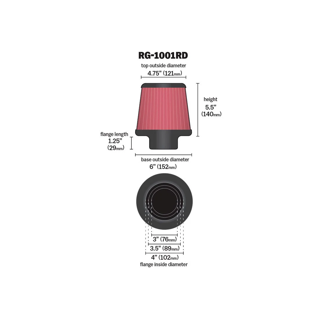 K&N RD-1001RD FILTRO DE AIRE TIPO HONGO UNIVERSAL 3.3.5,4 PULGADAS LARGO 5.5 PULGADAS