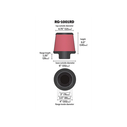 K&N RD-1001RD FILTRO DE AIRE TIPO HONGO UNIVERSAL 3.3.5,4 PULGADAS LARGO 5.5 PULGADAS