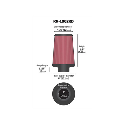K&N RD-1002RD FILTRO DE AIRE TIPO HONGO UNIVERSAL 3.3.5,4 PULGADAS LARGO 9.5 PULGADAS