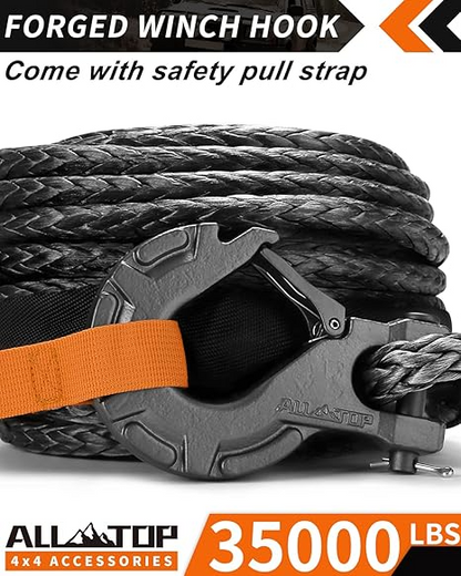 ALL-TOP Synthetic Winch Rope w/Hook & Isolator, 9/16in x 76ft, 35000Lbs UHMWPE Cable Replace Kit, Forged Hook & Rubber Stopper & Safety Pull Strap