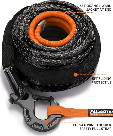 ALL-TOP Synthetic Winch Rope w/Hook & Isolator, 9/16in x 76ft, 35000Lbs UHMWPE Cable Replace Kit, Forged Hook & Rubber Stopper & Safety Pull Strap